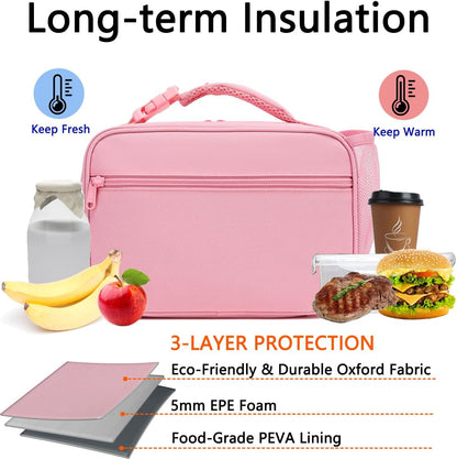 Insulated Lunch Box for School, Thermal Reusable Durable Freezable Lunch Bags for Kids Boys Girls Men Women - Small Soft Cooler Portable Lunch Tote Kit for Work Picnic Travel,Pink