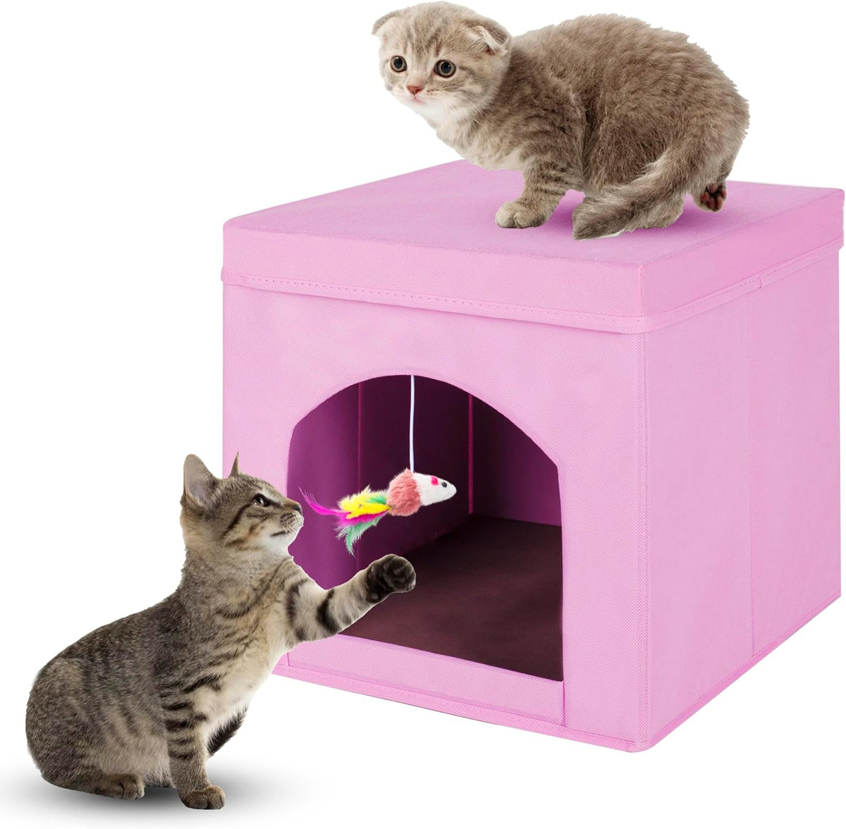 Collapsible Cat House, Foldable Kitty Cat Cube and Cat Cave with Bed, Cat Stool Condo for Indoor Cats Gifts, 13 x 13 x 13 inches (Pink)