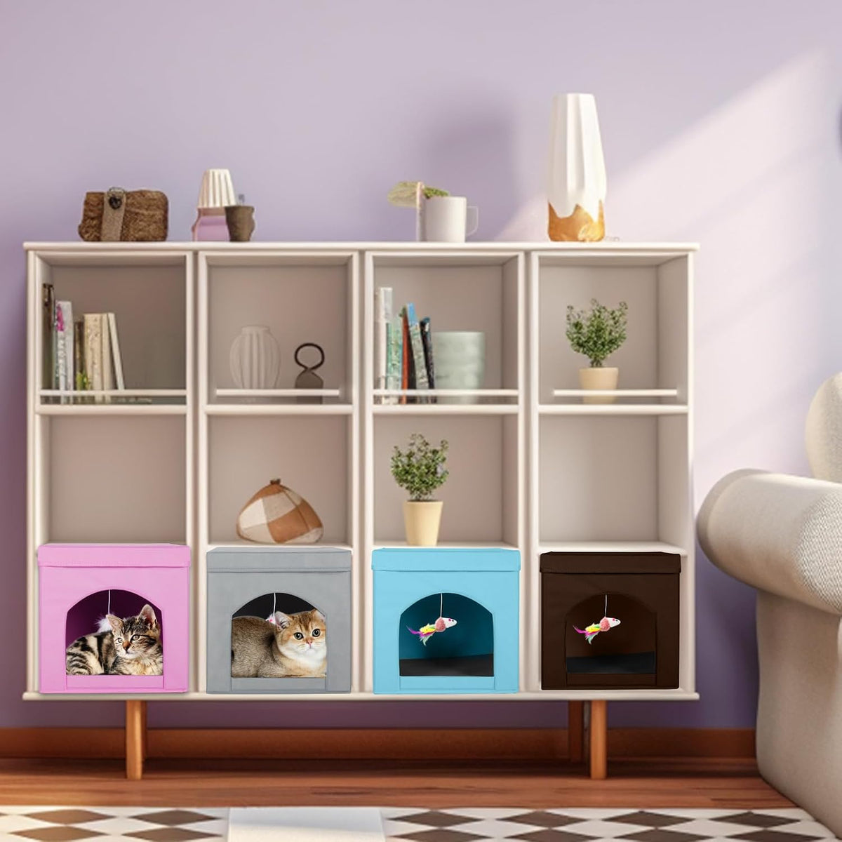 Collapsible Cat House, Foldable Kitty Cat Cube and Cat Cave with Bed, Cat Stool Condo for Indoor Cats Gifts, 13 x 13 x 13 inches (Pink)