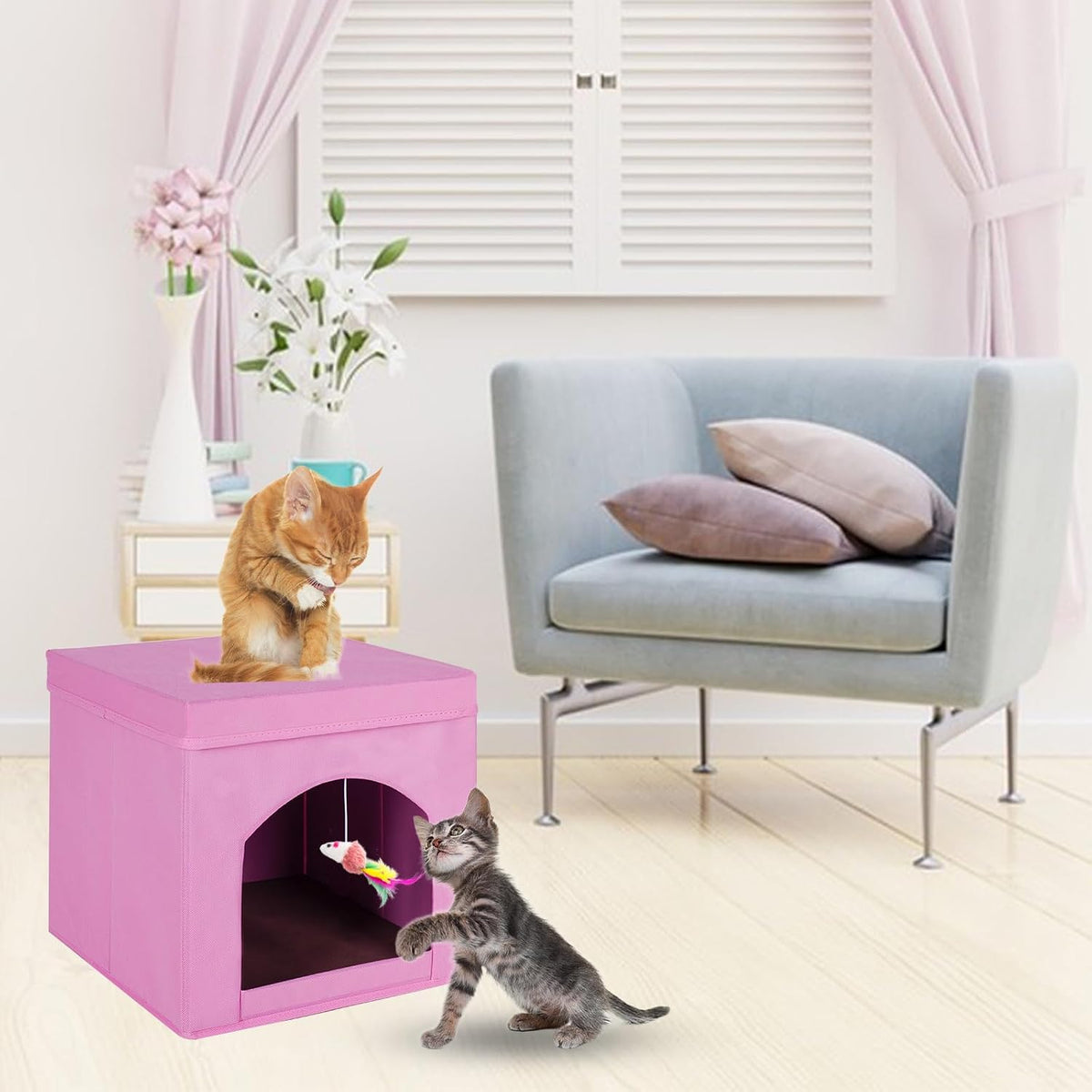 Collapsible Cat House, Foldable Kitty Cat Cube and Cat Cave with Bed, Cat Stool Condo for Indoor Cats Gifts, 13 x 13 x 13 inches (Pink)