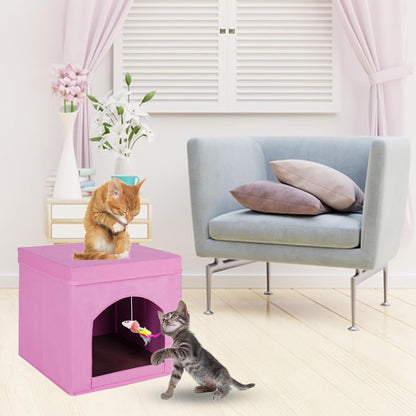 Collapsible Cat House, Foldable Kitty Cat Cube and Cat Cave with Bed, Cat Stool Condo for Indoor Cats Gifts, 13 x 13 x 13 inches (Pink)