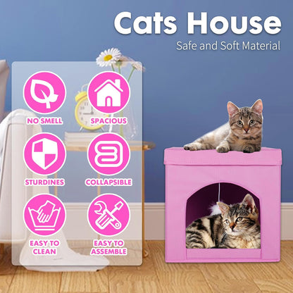 Collapsible Cat House, Foldable Kitty Cat Cube and Cat Cave with Bed, Cat Stool Condo for Indoor Cats Gifts, 13 x 13 x 13 inches (Pink)