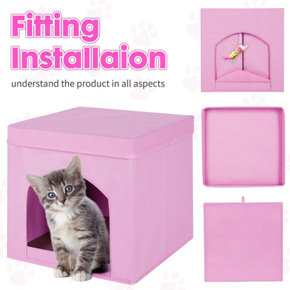 Collapsible Cat House, Foldable Kitty Cat Cube and Cat Cave with Bed, Cat Stool Condo for Indoor Cats Gifts, 13 x 13 x 13 inches (Pink)