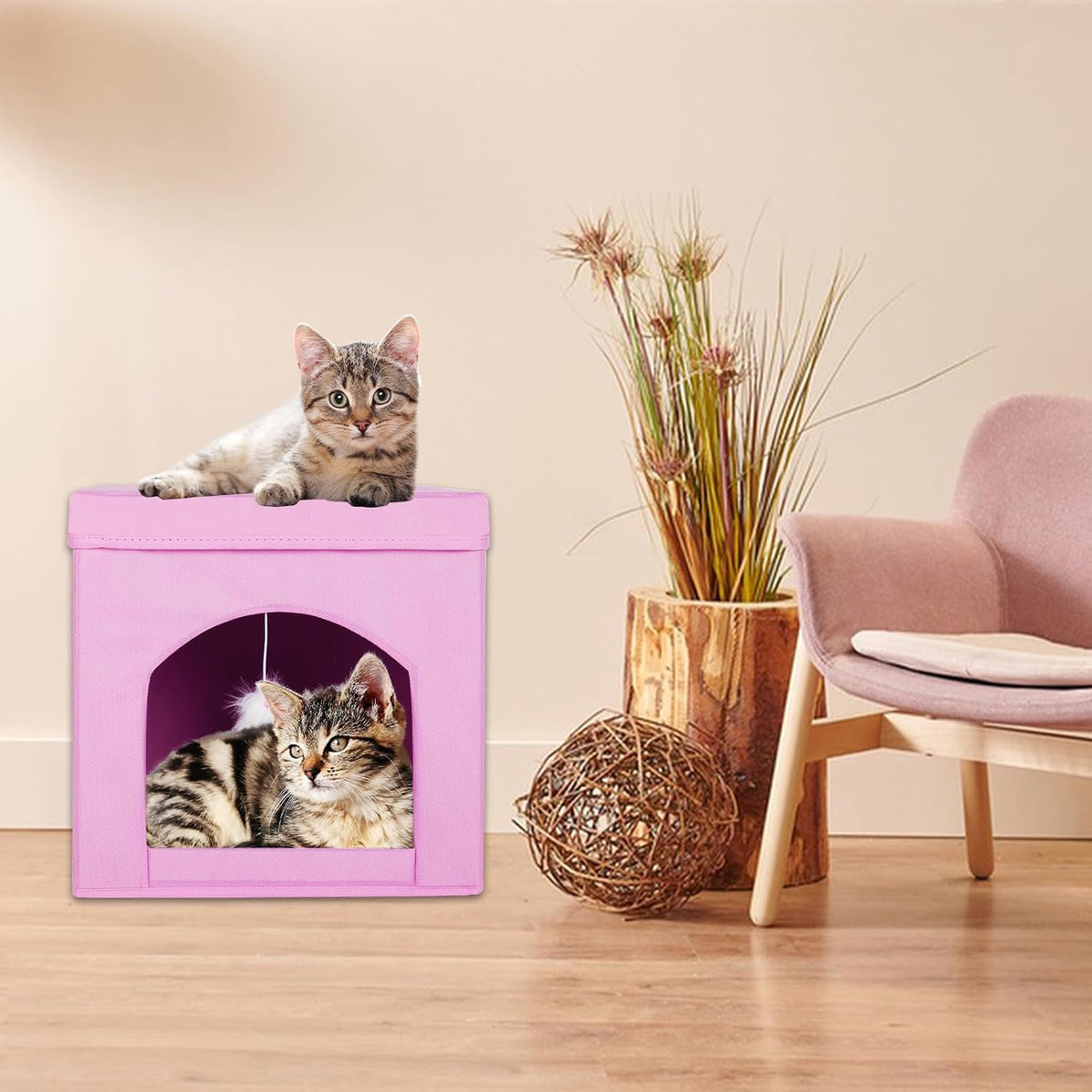 Collapsible Cat House, Foldable Kitty Cat Cube and Cat Cave with Bed, Cat Stool Condo for Indoor Cats Gifts, 13 x 13 x 13 inches (Pink)