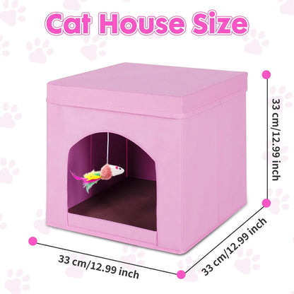 Collapsible Cat House, Foldable Kitty Cat Cube and Cat Cave with Bed, Cat Stool Condo for Indoor Cats Gifts, 13 x 13 x 13 inches (Pink)