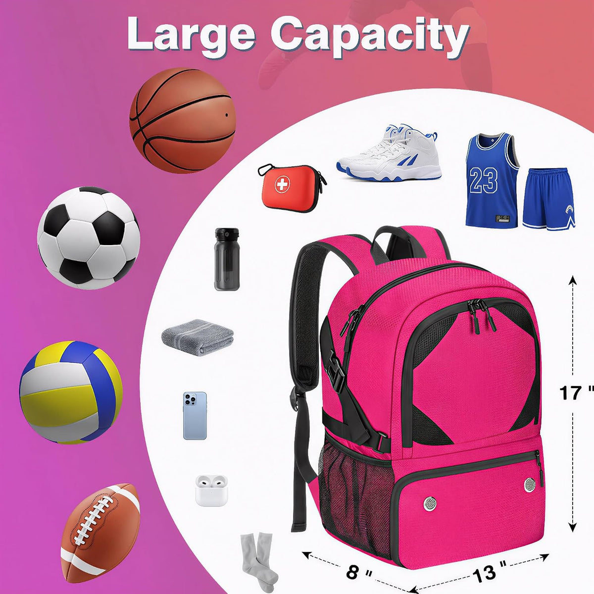 Basketball Bag Backpack with Ball & Shoes Compartment for Soccer Ball Volleyball Football, Large Sports Bag Backpack