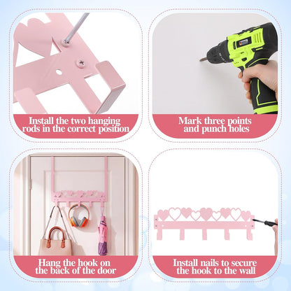 Pink Heart Over Door Towel Rack 5 Hooks