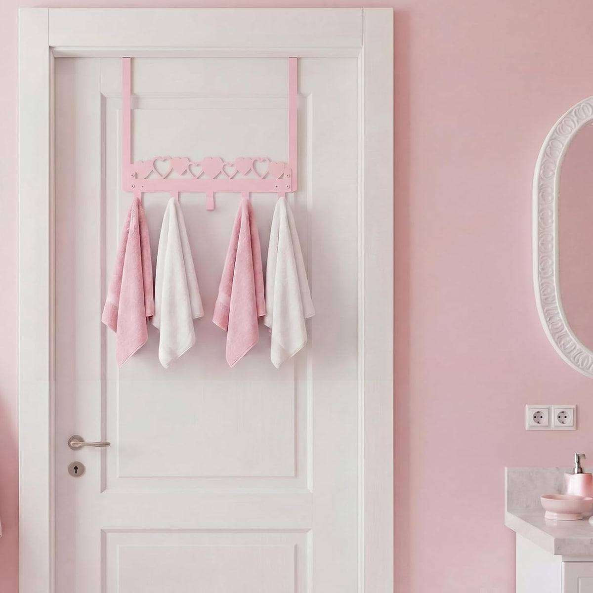 Pink Heart Over Door Towel Rack 5 Hooks