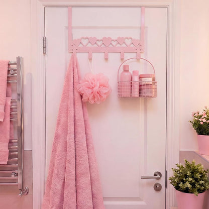 Pink Heart Over Door Towel Rack 5 Hooks