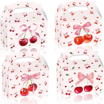 12Pcs Pink Bow Party Favor Boxes, Beautiful Fruit Cherry Pink Bow Birthday Party Gift Candy Handheld Paper Box, Red Coquette Bows Cherry Gift Paper Container for Birthday Engagement Party
