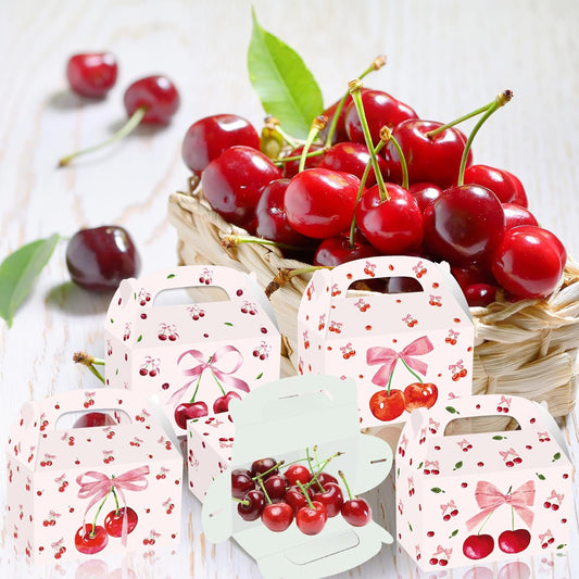 12Pcs Pink Bow Party Favor Boxes, Beautiful Fruit Cherry Pink Bow Birthday Party Gift Candy Handheld Paper Box, Red Coquette Bows Cherry Gift Paper Container for Birthday Engagement Party