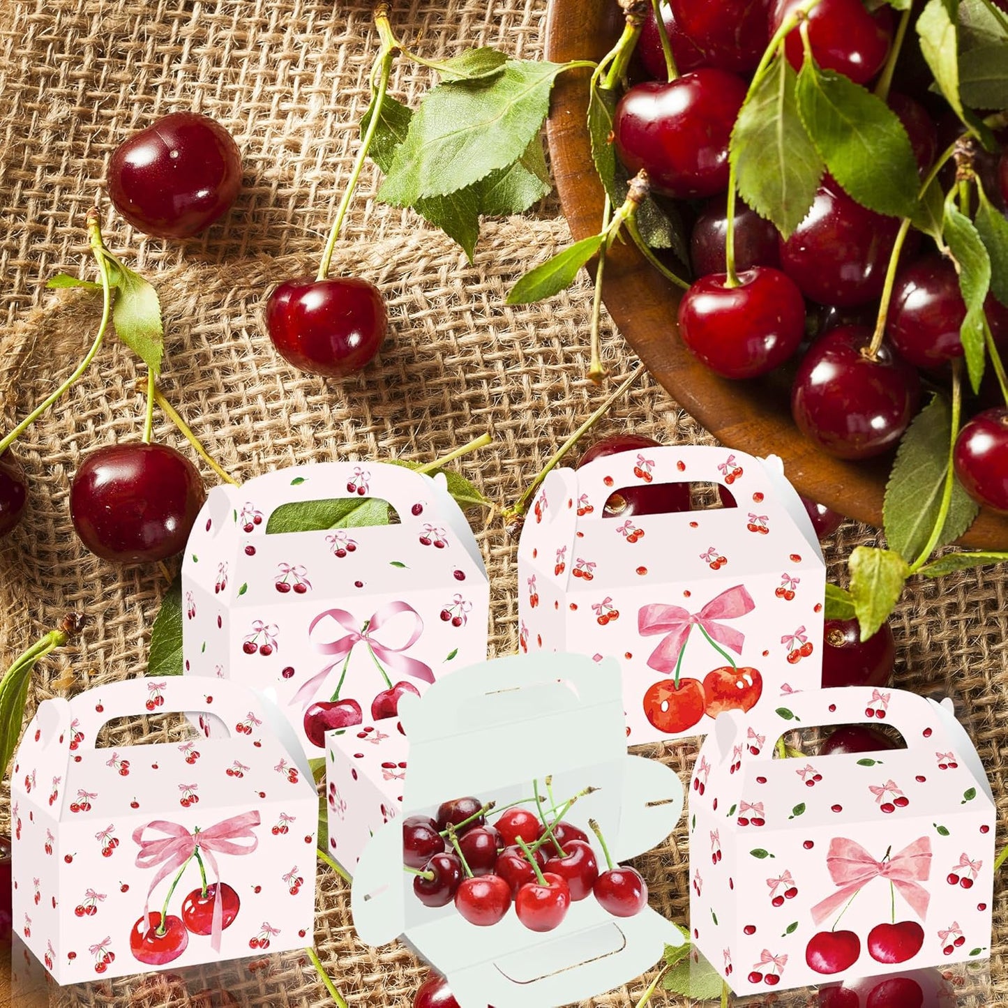 12Pcs Pink Bow Party Favor Boxes, Beautiful Fruit Cherry Pink Bow Birthday Party Gift Candy Handheld Paper Box, Red Coquette Bows Cherry Gift Paper Container for Birthday Engagement Party