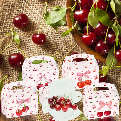 12Pcs Pink Bow Party Favor Boxes, Beautiful Fruit Cherry Pink Bow Birthday Party Gift Candy Handheld Paper Box, Red Coquette Bows Cherry Gift Paper Container for Birthday Engagement Party