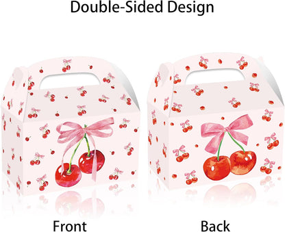 12Pcs Pink Bow Party Favor Boxes, Beautiful Fruit Cherry Pink Bow Birthday Party Gift Candy Handheld Paper Box, Red Coquette Bows Cherry Gift Paper Container for Birthday Engagement Party