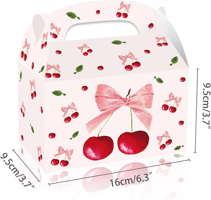 12Pcs Pink Bow Party Favor Boxes, Beautiful Fruit Cherry Pink Bow Birthday Party Gift Candy Handheld Paper Box, Red Coquette Bows Cherry Gift Paper Container for Birthday Engagement Party