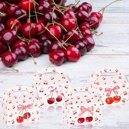 12Pcs Pink Bow Party Favor Boxes, Beautiful Fruit Cherry Pink Bow Birthday Party Gift Candy Handheld Paper Box, Red Coquette Bows Cherry Gift Paper Container for Birthday Engagement Party