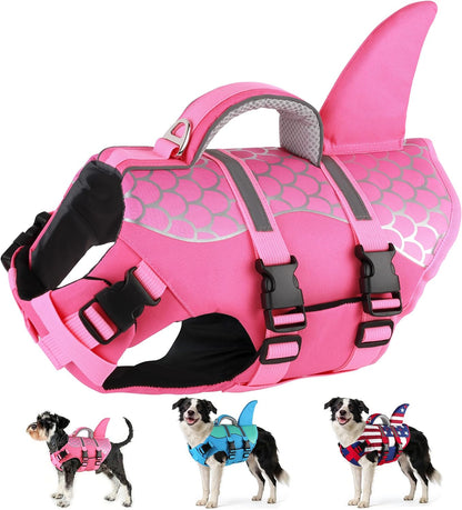 Dog Life Jacket Shark, Neoprene Harness Dog Life Vest with Lift Handle, Reflective Adjustable Pet Swim Float Vest for Small Medium Large Dogs - Pink Scales, XS