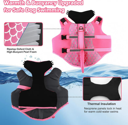 Dog Life Jacket Shark, Neoprene Harness Dog Life Vest with Lift Handle, Reflective Adjustable Pet Swim Float Vest for Small Medium Large Dogs - Pink Scales, XS