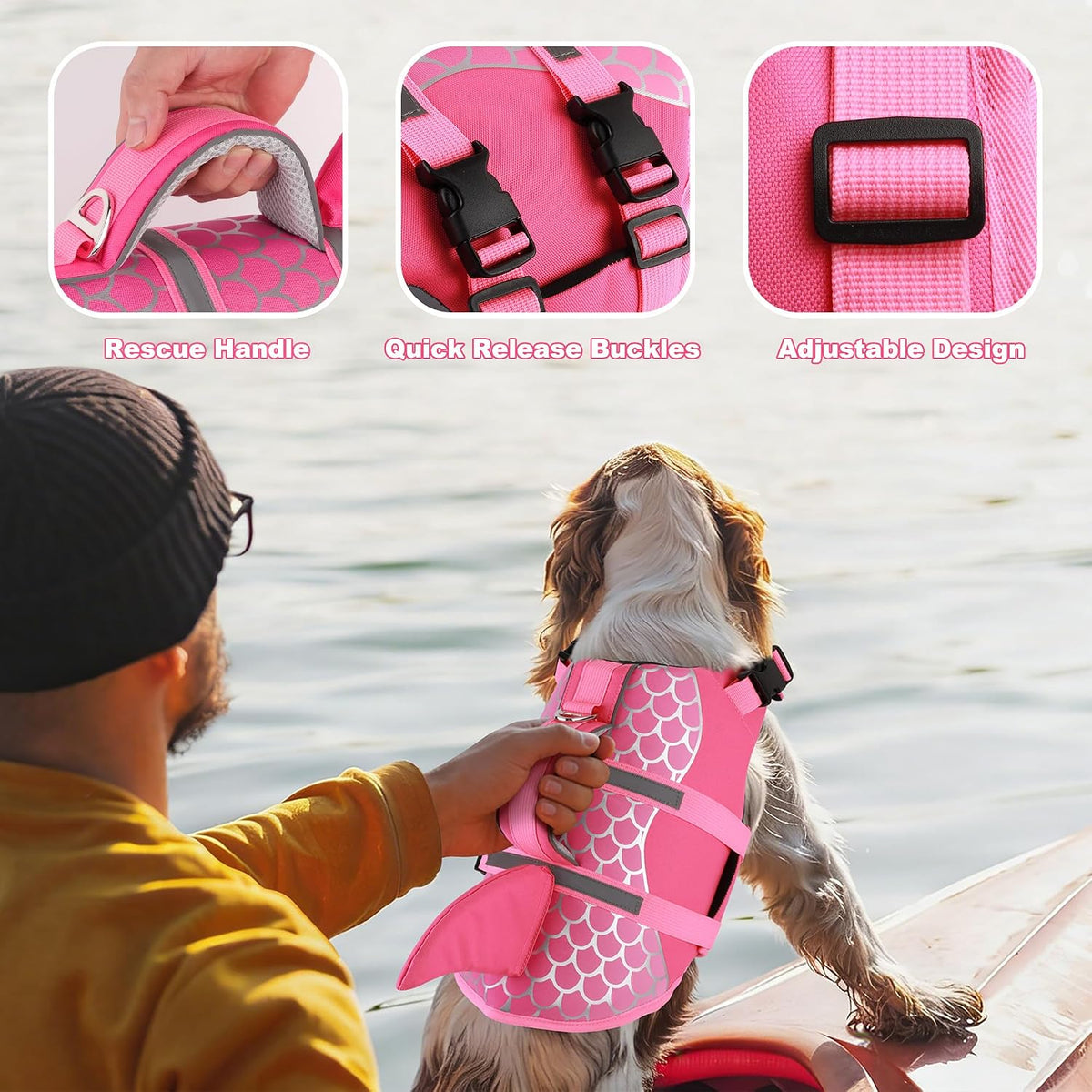 Dog Life Jacket Shark, Neoprene Harness Dog Life Vest with Lift Handle, Reflective Adjustable Pet Swim Float Vest for Small Medium Large Dogs - Pink Scales, XS