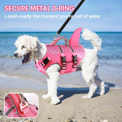 Dog Life Jacket Shark, Neoprene Harness Dog Life Vest with Lift Handle, Reflective Adjustable Pet Swim Float Vest for Small Medium Large Dogs - Pink Scales, XS