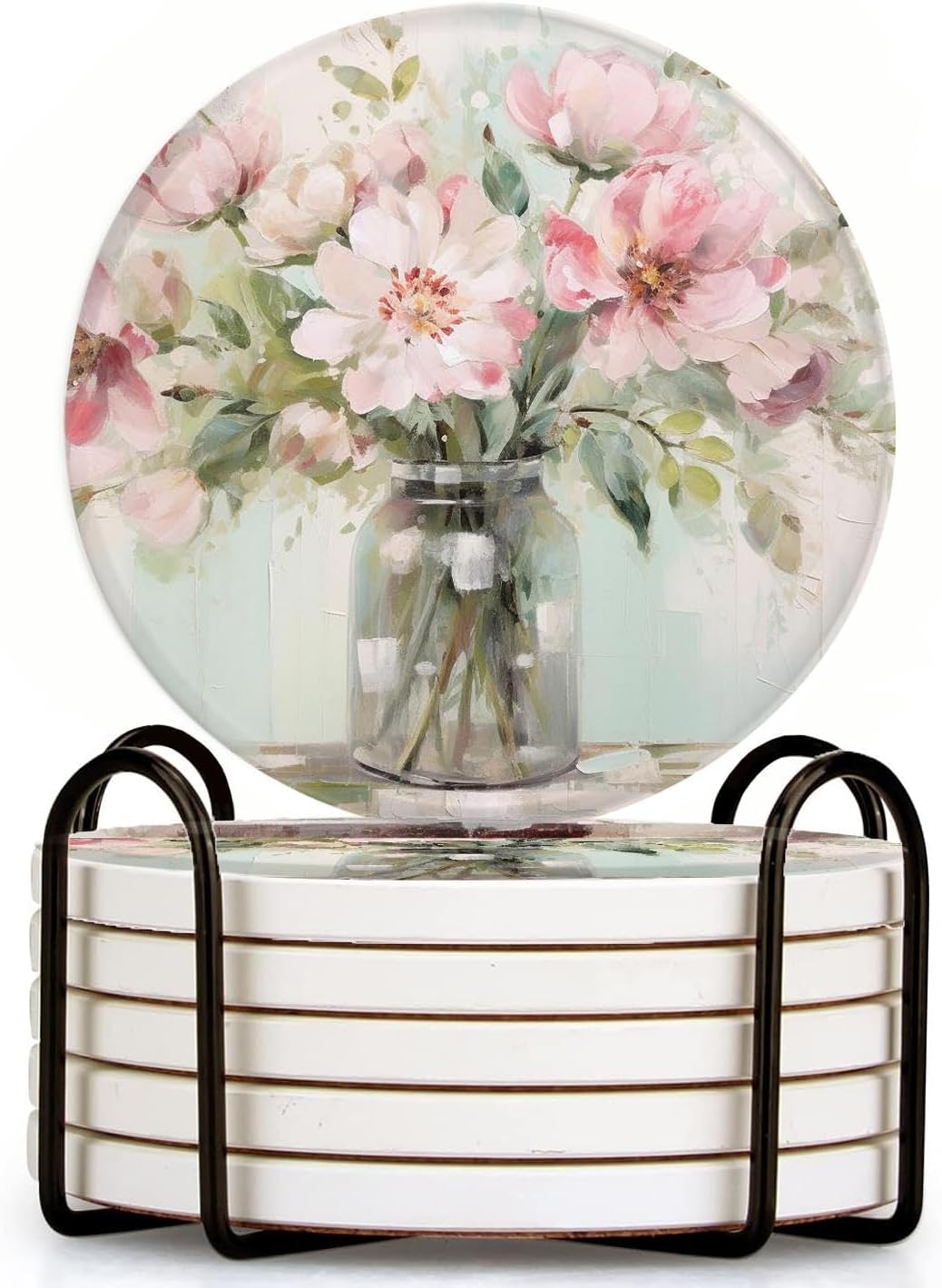 Ceramic Drink Coasters with Holder,Blooming Pink Flowers in A Vase Oil Painting Designs Water Absorbent Marble Tabletop Protection (Cork Base),Set of 6,Suitable for Various Mugs,Home Decor，4 Inch