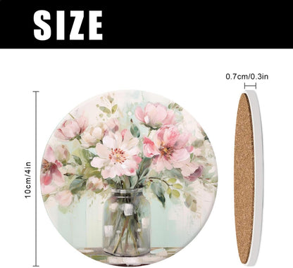 Ceramic Drink Coasters with Holder,Blooming Pink Flowers in A Vase Oil Painting Designs Water Absorbent Marble Tabletop Protection (Cork Base),Set of 6,Suitable for Various Mugs,Home Decor，4 Inch