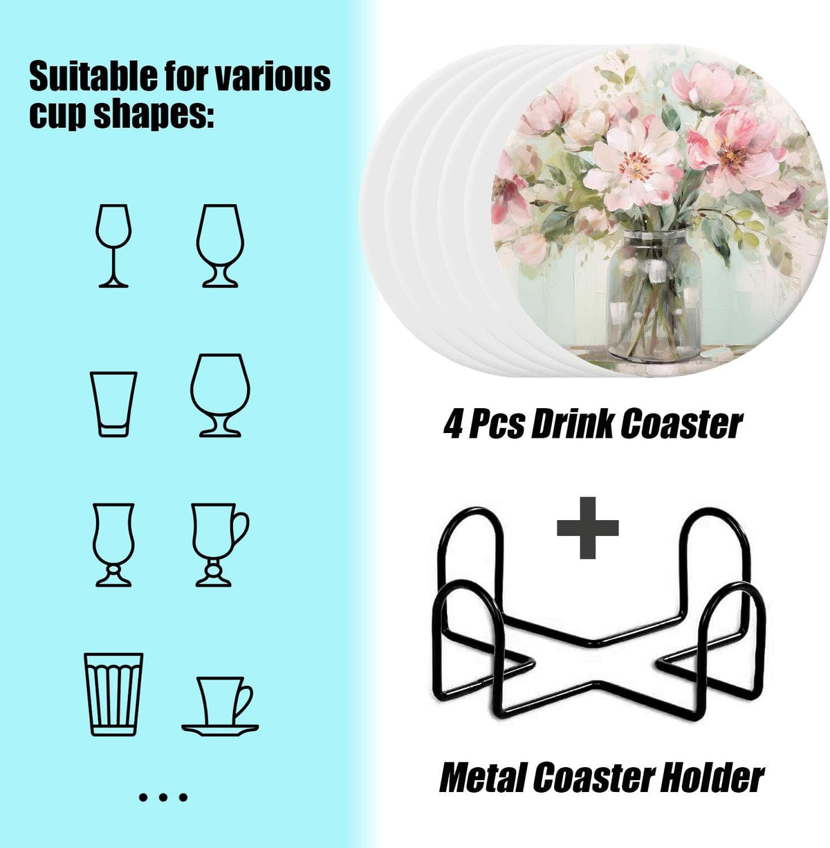 Ceramic Drink Coasters with Holder,Blooming Pink Flowers in A Vase Oil Painting Designs Water Absorbent Marble Tabletop Protection (Cork Base),Set of 6,Suitable for Various Mugs,Home Decor，4 Inch