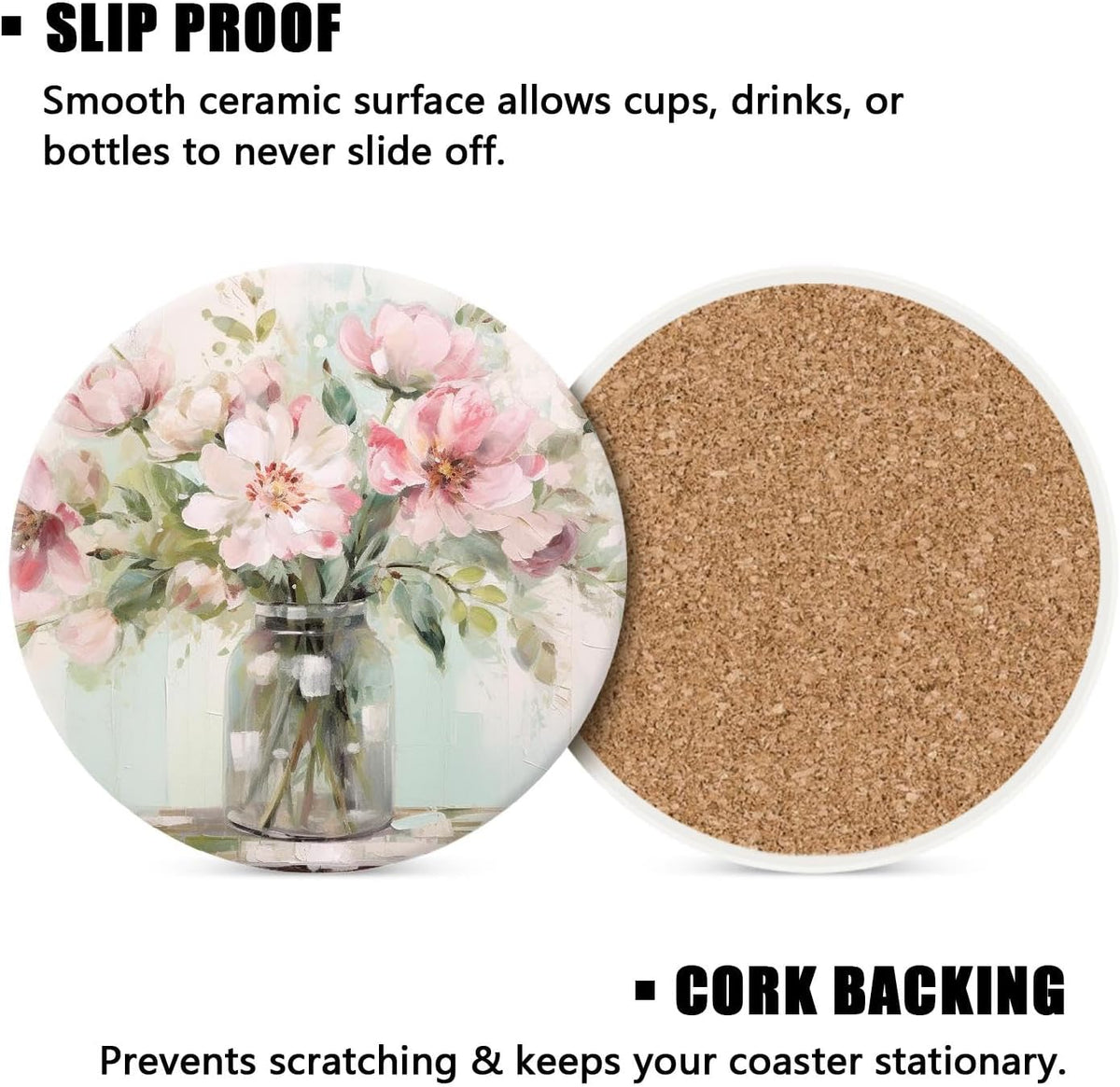 Ceramic Drink Coasters with Holder,Blooming Pink Flowers in A Vase Oil Painting Designs Water Absorbent Marble Tabletop Protection (Cork Base),Set of 6,Suitable for Various Mugs,Home Decor，4 Inch