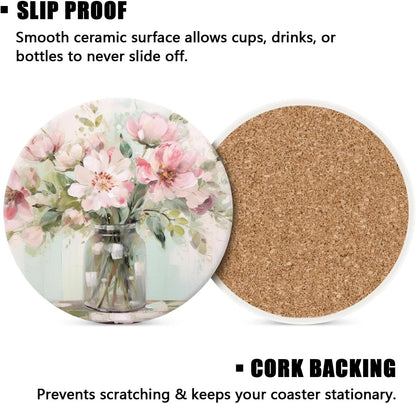 Ceramic Drink Coasters with Holder,Blooming Pink Flowers in A Vase Oil Painting Designs Water Absorbent Marble Tabletop Protection (Cork Base),Set of 6,Suitable for Various Mugs,Home Decor，4 Inch