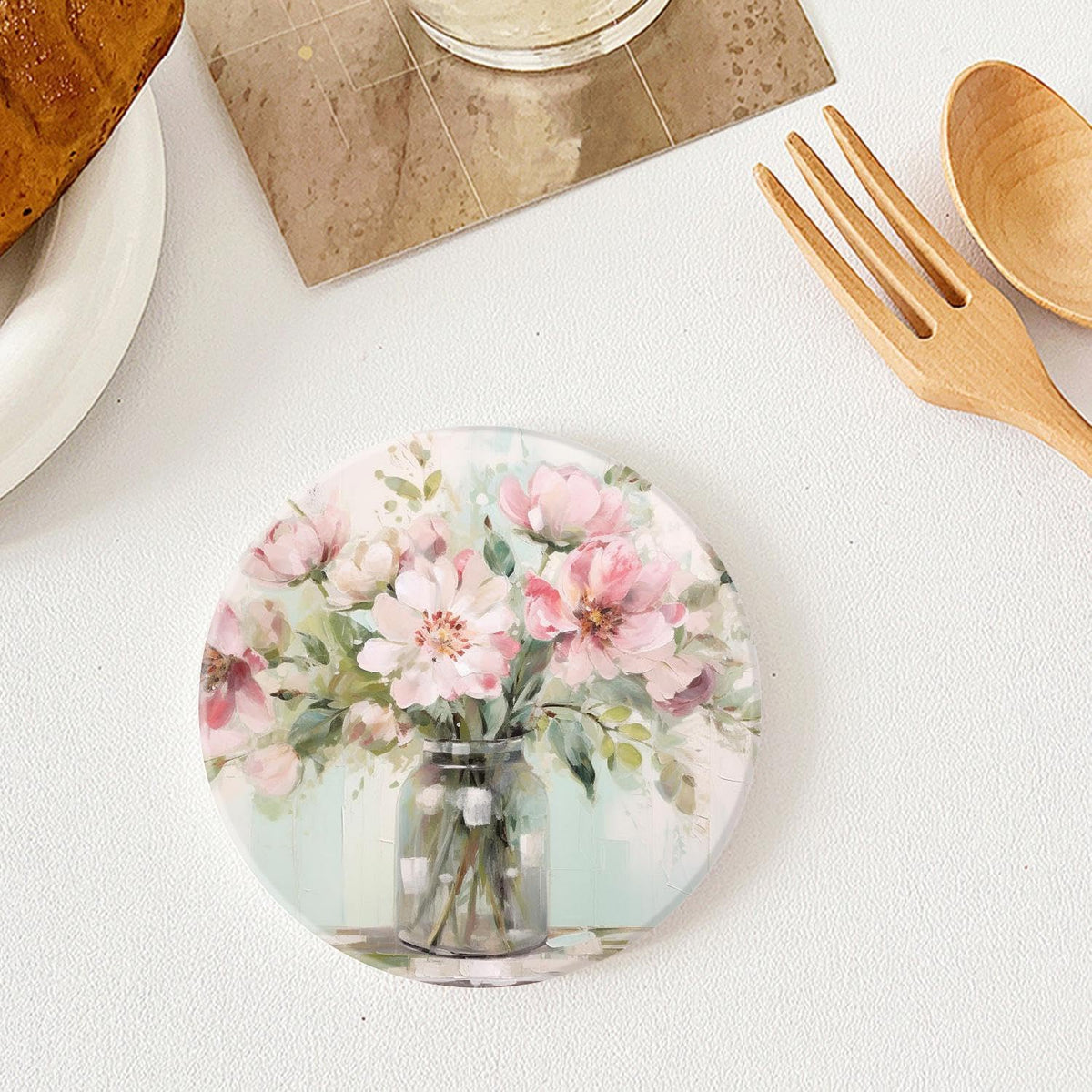 Ceramic Drink Coasters with Holder,Blooming Pink Flowers in A Vase Oil Painting Designs Water Absorbent Marble Tabletop Protection (Cork Base),Set of 6,Suitable for Various Mugs,Home Decor，4 Inch