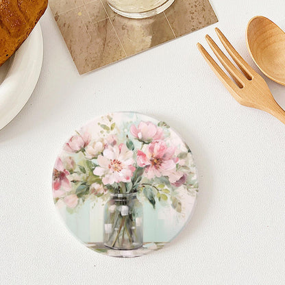 Ceramic Drink Coasters with Holder,Blooming Pink Flowers in A Vase Oil Painting Designs Water Absorbent Marble Tabletop Protection (Cork Base),Set of 6,Suitable for Various Mugs,Home Decor，4 Inch