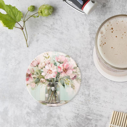 Ceramic Drink Coasters with Holder,Blooming Pink Flowers in A Vase Oil Painting Designs Water Absorbent Marble Tabletop Protection (Cork Base),Set of 6,Suitable for Various Mugs,Home Decor，4 Inch