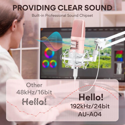 A04 Pink USB Microphone, 192kHz/24Bit Condenser Mic for PC Podcast