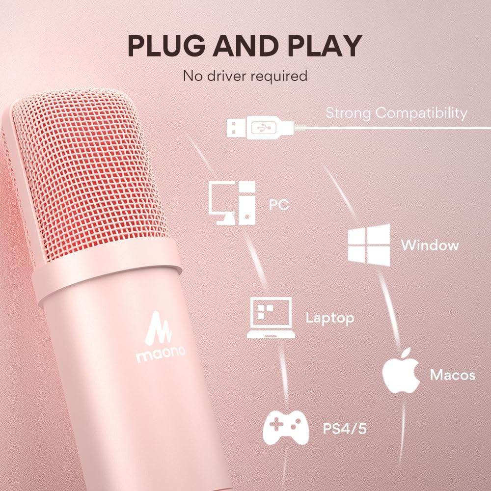 A04 Pink USB Microphone, 192kHz/24Bit Condenser Mic for PC Podcast