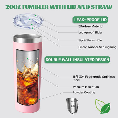 20 oz Skinny Tumbler with Lid and Straw,Stainless Steel Vacuum Insulated Tumbler Cup Double Wall Leak-proof Coffee Mug,Travel Thermal Water Tumbler for Home,Office,Outdoor (Pink,1)