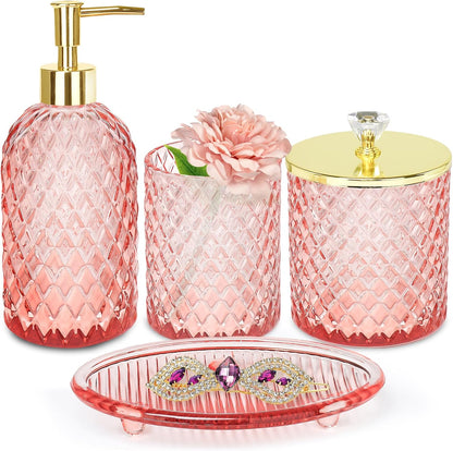 Glass Bathroom Accessories Set, Light Pink Bathroom Set, 4 Pcs