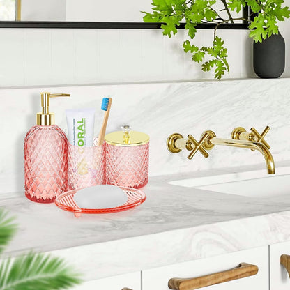 Glass Bathroom Accessories Set, Light Pink Bathroom Set, 4 Pcs