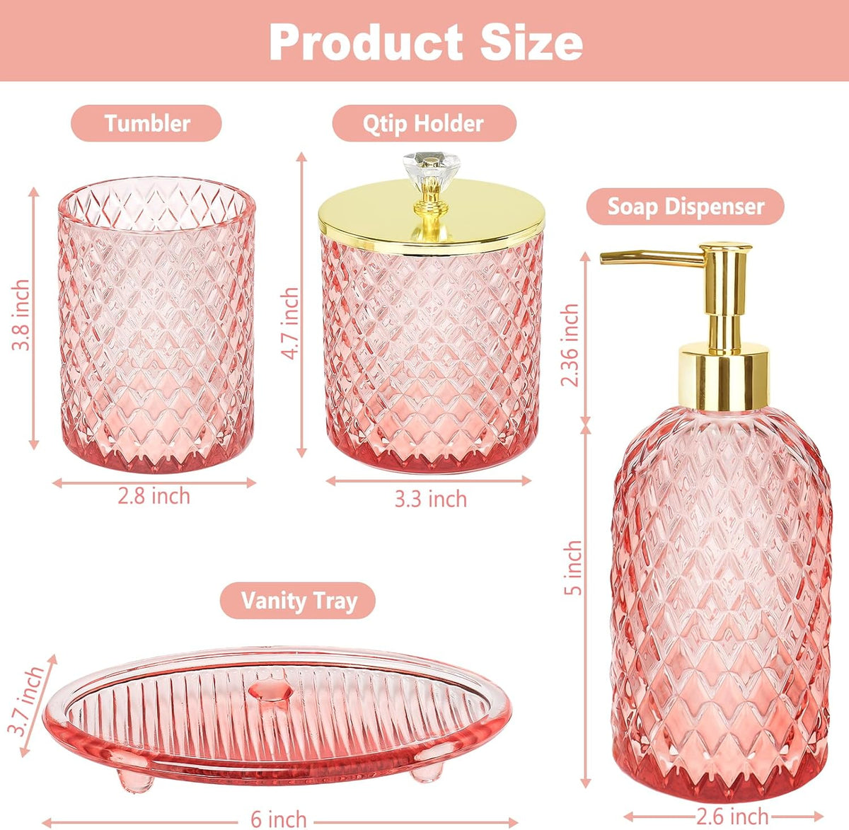 Glass Bathroom Accessories Set, Light Pink Bathroom Set, 4 Pcs
