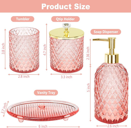 Glass Bathroom Accessories Set, Light Pink Bathroom Set, 4 Pcs