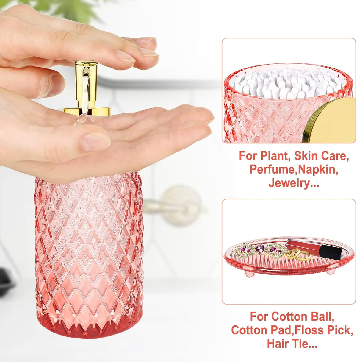 Glass Bathroom Accessories Set, Light Pink Bathroom Set, 4 Pcs
