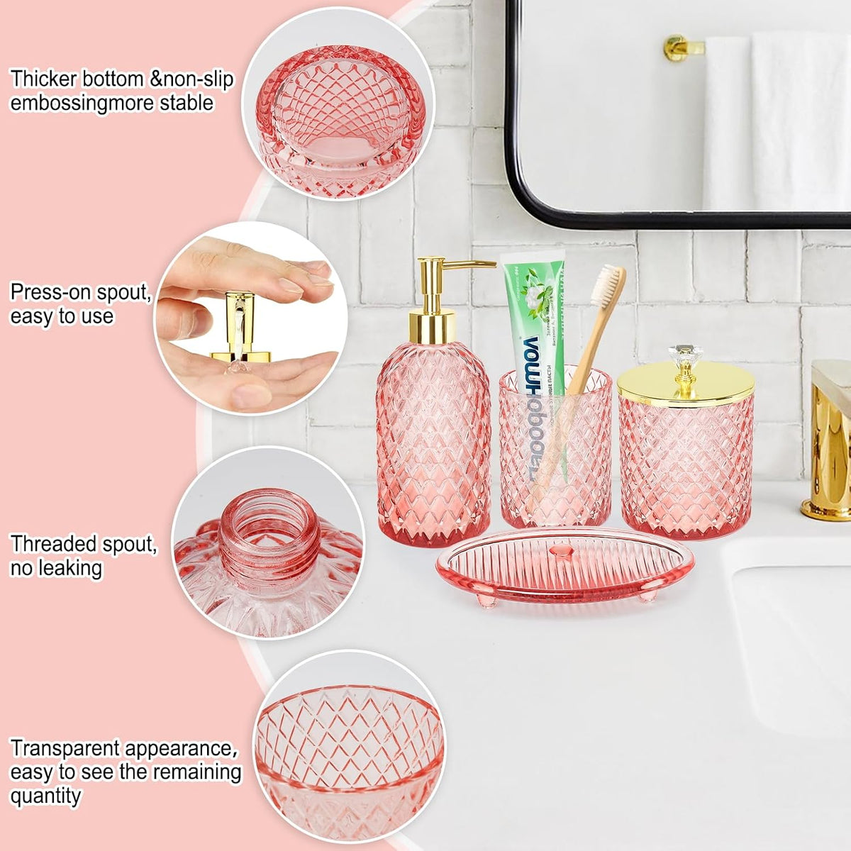 Glass Bathroom Accessories Set, Light Pink Bathroom Set, 4 Pcs