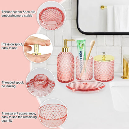 Glass Bathroom Accessories Set, Light Pink Bathroom Set, 4 Pcs