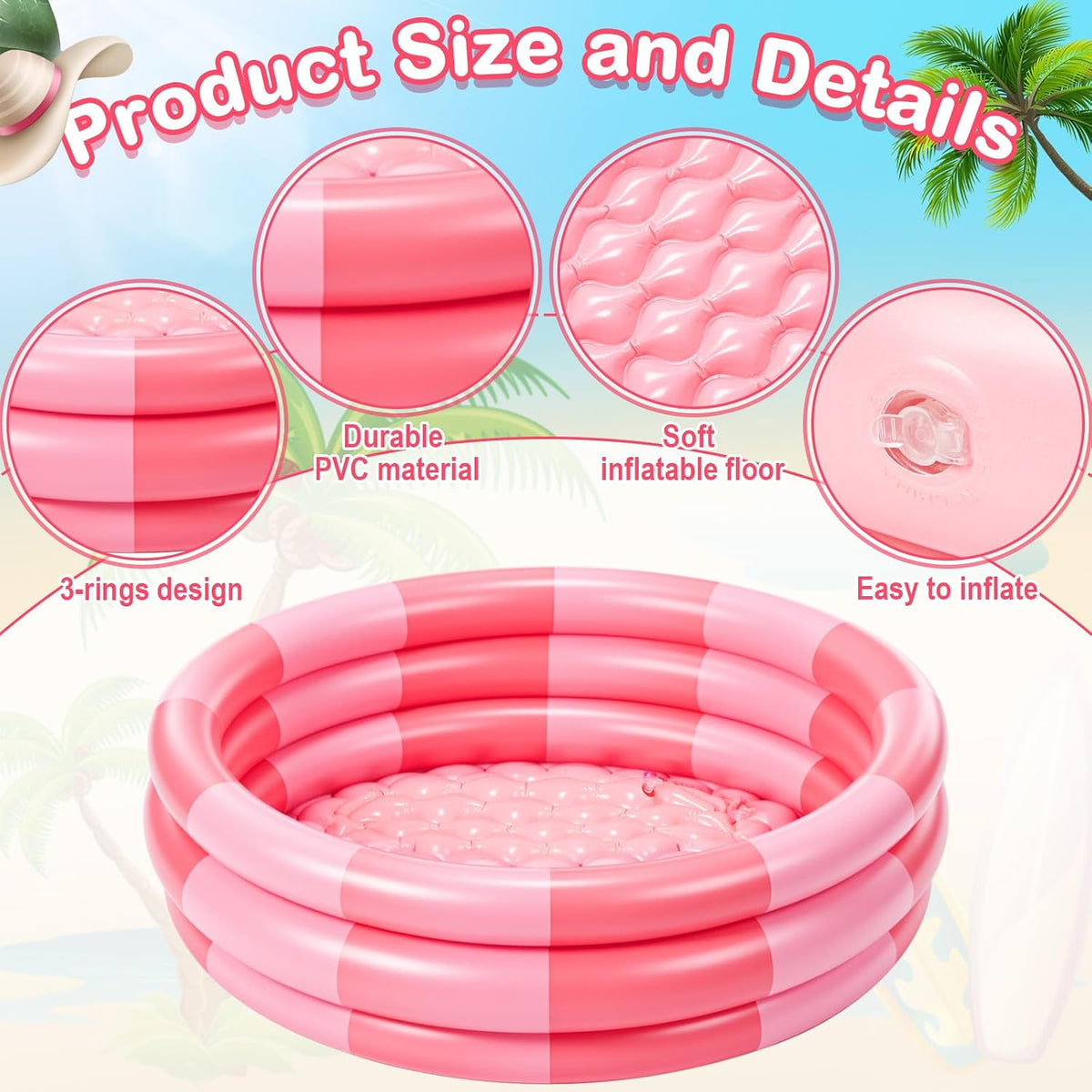 4 Pack Inflatable Kiddie Pool for Kid, Pink Stripe, 34 x 10 Inch
