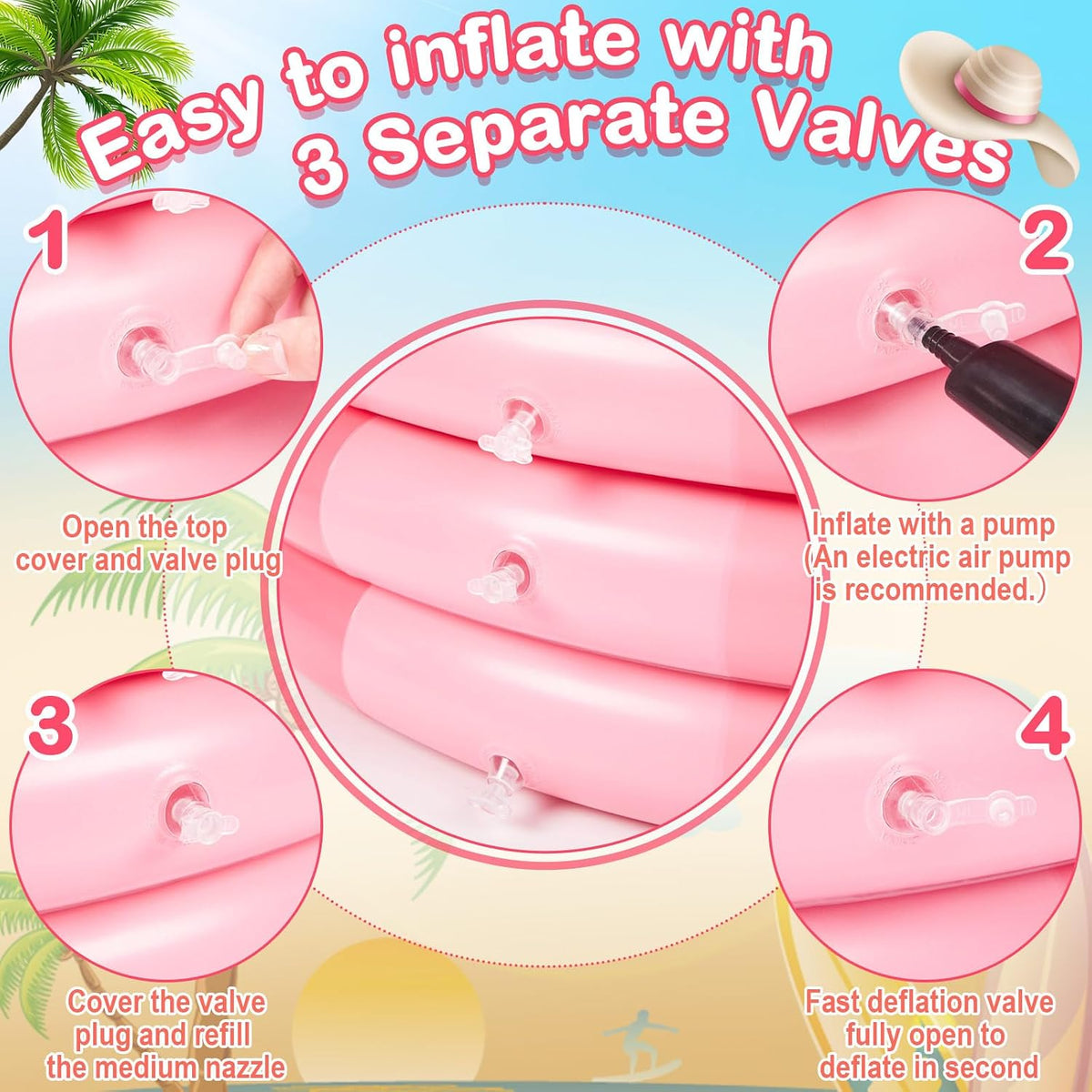 4 Pack Inflatable Kiddie Pool for Kid, Pink Stripe, 34 x 10 Inch