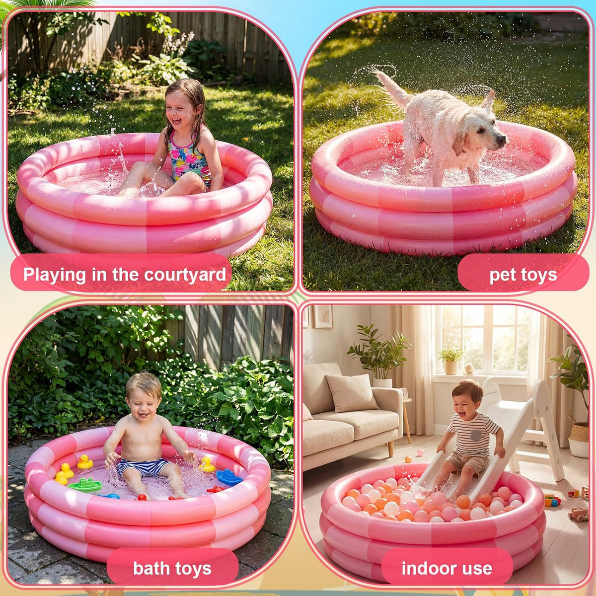 4 Pack Inflatable Kiddie Pool for Kid, Pink Stripe, 34 x 10 Inch