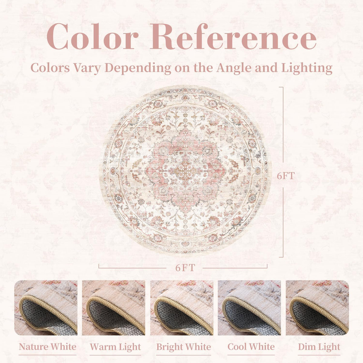 6FT Round Rug,Rugs for Living Room,Soft Pink Circle Rug,Machine Washable Rugs for Bedroom,Non Slip Carpet,Rug for Dining Room Living Room Bedside Office
