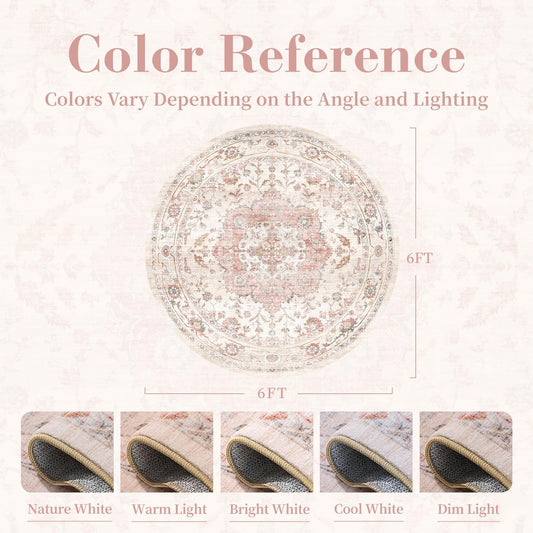 6FT Round Rug,Rugs for Living Room,Soft Pink Circle Rug,Machine Washable Rugs for Bedroom,Non Slip Carpet,Rug for Dining Room Living Room Bedside Office