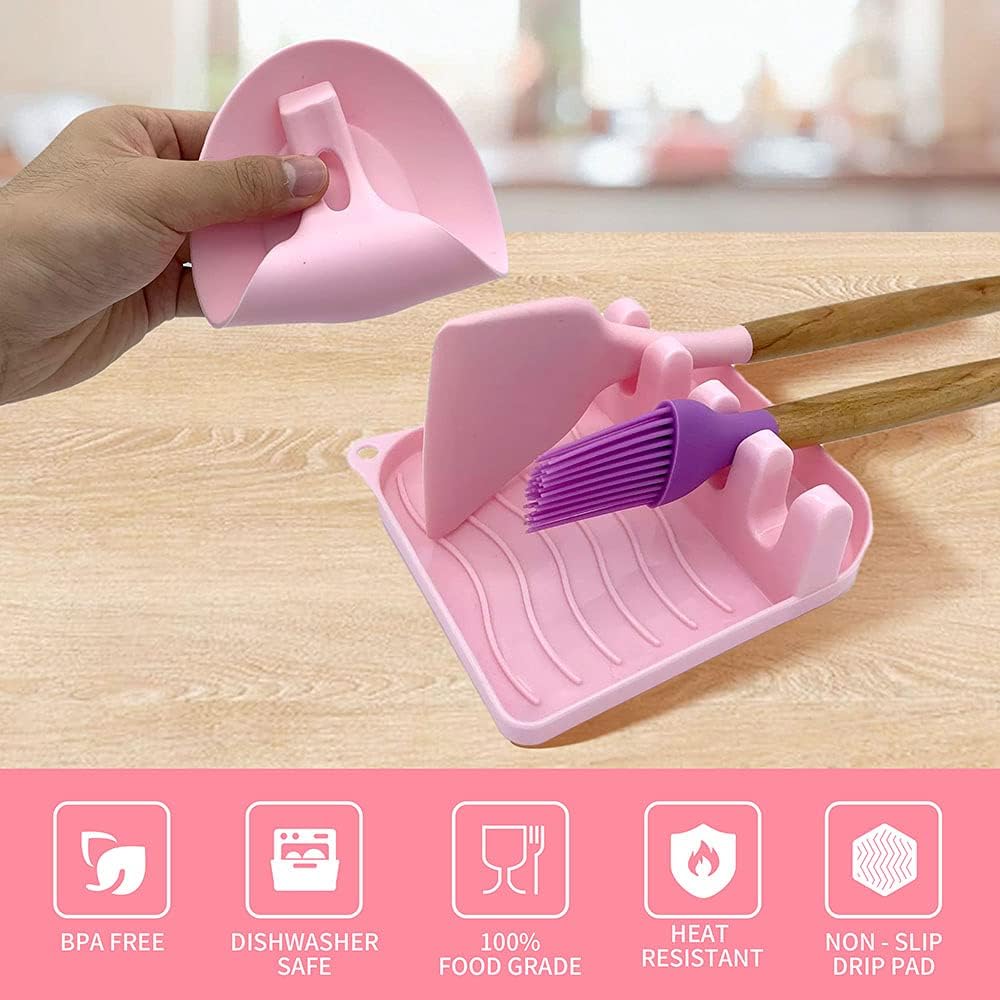 2 Pack Multiple Utensil Spoon Rest with Drip Pad Non-Slip Heat Resistant Kitchen and Grill Spoon Holder for Spatula, Ladle, Tongs, Kitchen Gadgets, and Cooking Accessories (Cute Pink)