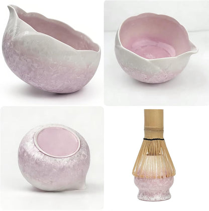 Matcha Whisk Set, Ceramic Matcha Set, Matcha Bowl with Spout and Whisk,8 pcs Matcha Tea Kit for Matcha Lovers, Ideal Gift Christmas, Birthday (Pink)