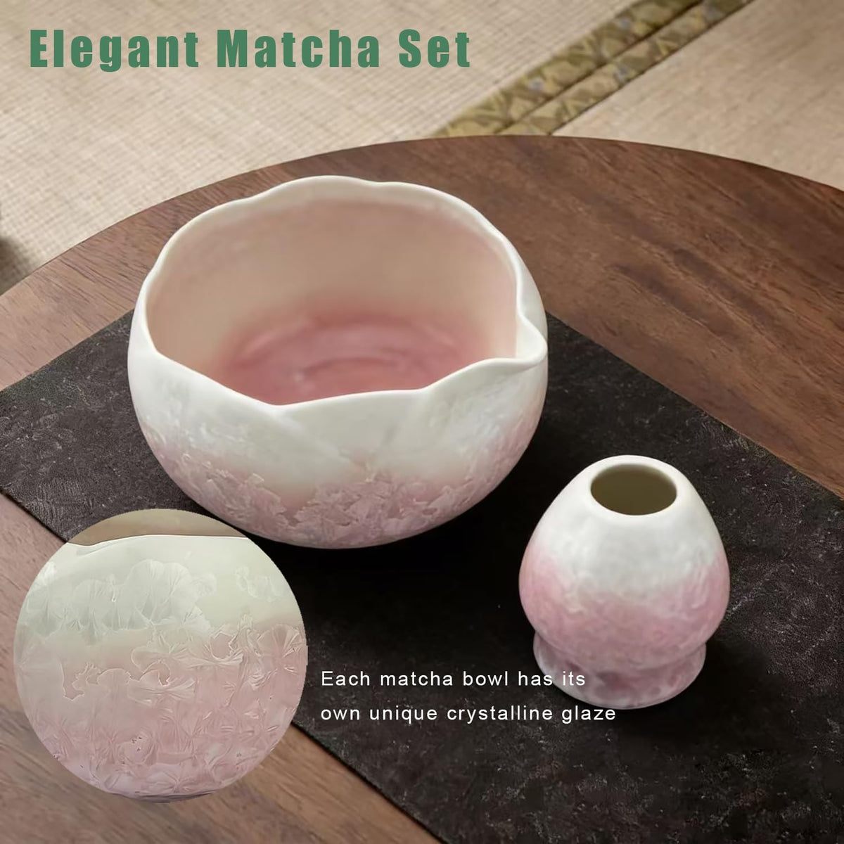 Matcha Whisk Set, Ceramic Matcha Set, Matcha Bowl with Spout and Whisk,8 pcs Matcha Tea Kit for Matcha Lovers, Ideal Gift Christmas, Birthday (Pink)